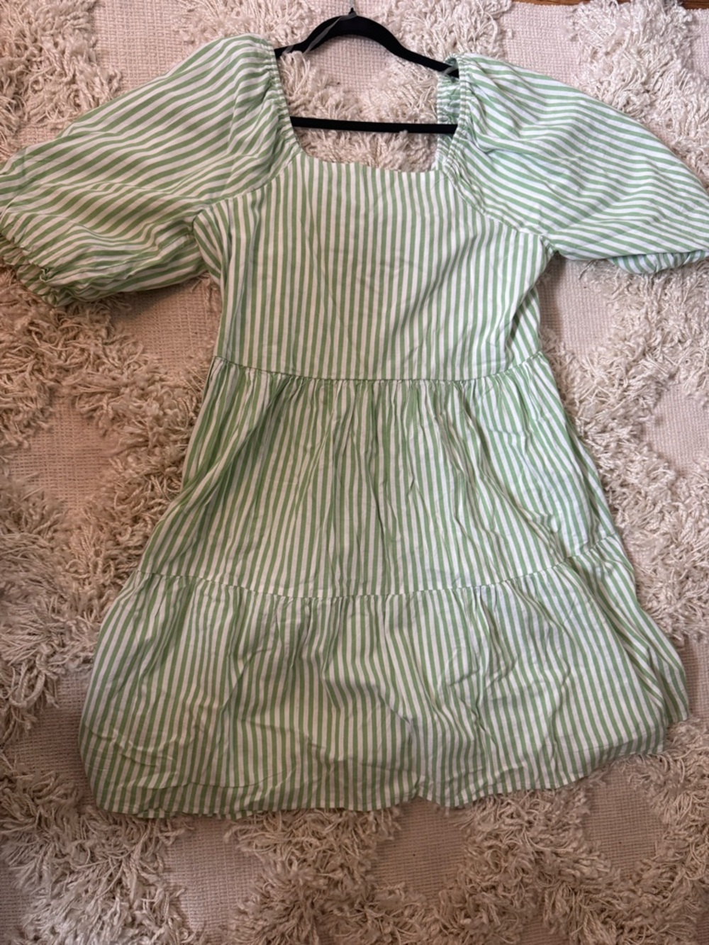 Green Stripe Puff-Sleeve Dress with back tie
